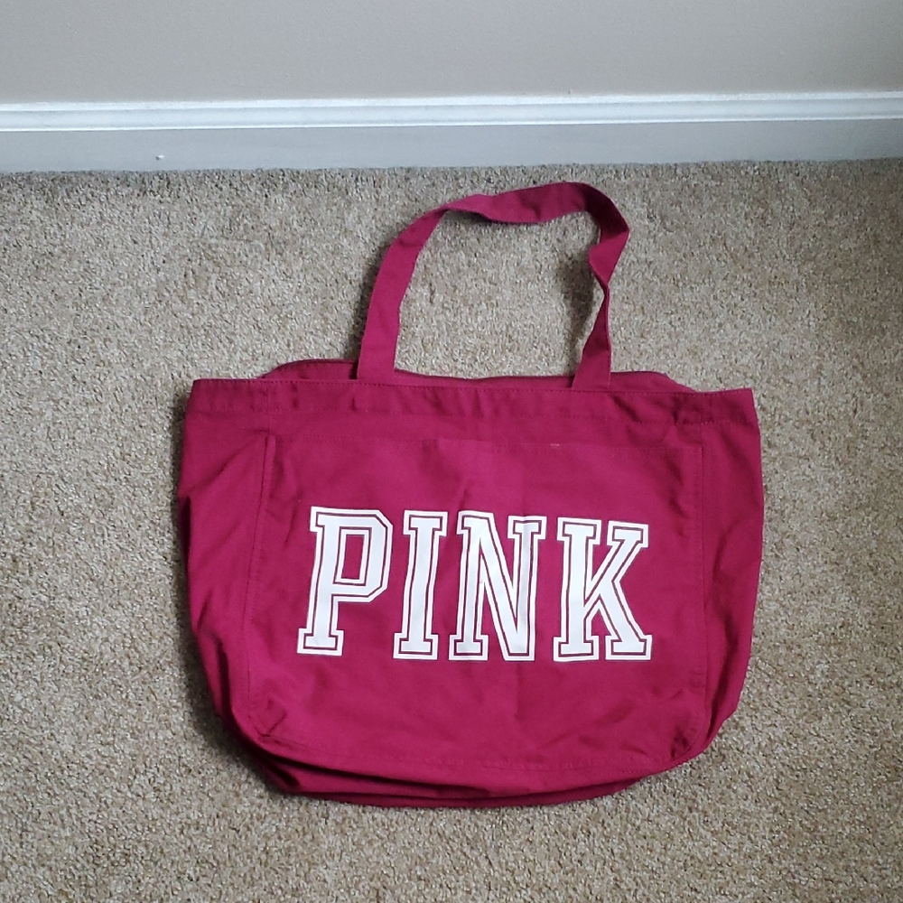 PINK Victoria's Secret Hot Pink Canvas Tote with White Logo